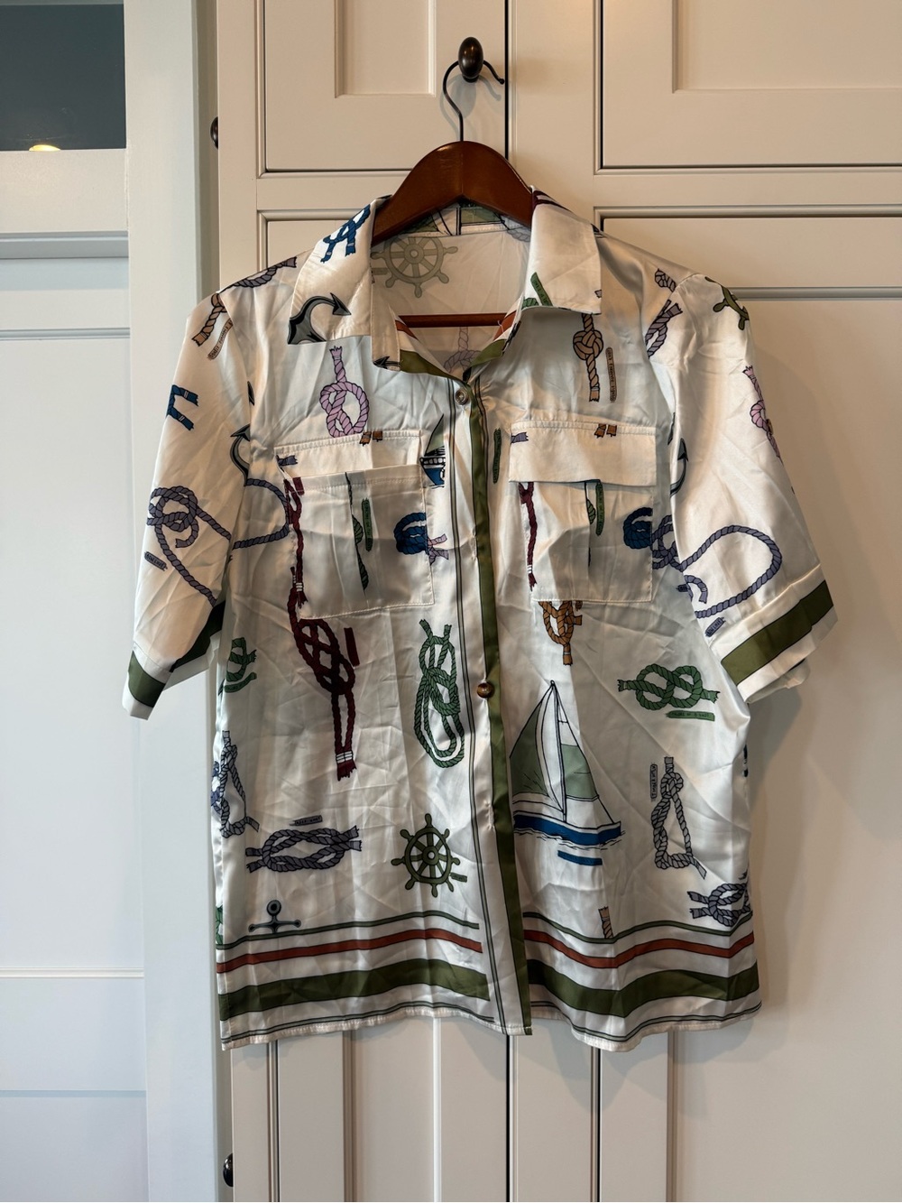 New Cream Nautical Rope Print Short Sleeve silky set Top and pants